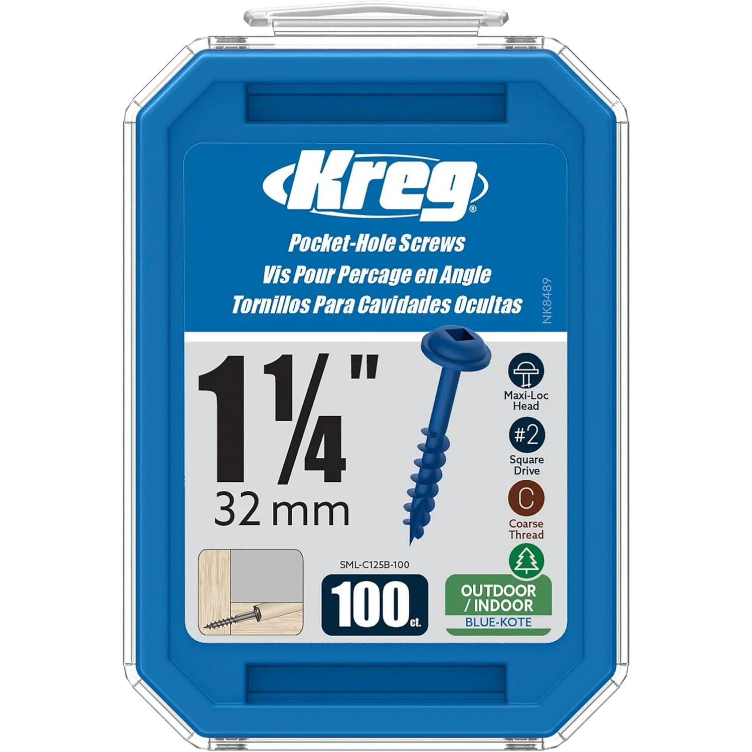 Kreg Pocket-Hole Screws Blue-Kote, 1-1/4" Coarse Thread, Weather Resistant Maxi-Loc Head, 100-Pack for Outdoor Use