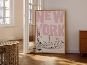 New York Print Pink Wall Art NYC Poster Preppy Cityscape For Girly Dorm Room Minimalist Travel Decor Bedroom Gift Skyline Art Printable Art
