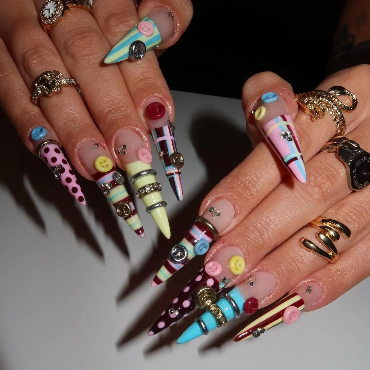Retro Candy Button Press-On Nails, Pastel Stripe Stiletto Design, Colorful 3D Button Accents, Y2K Pop Art Aesthetic, Whimsical Statement Nails, Fun Fashion Press Ons for Creative Style Lovers