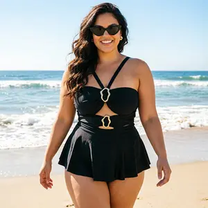 FreeBody black tankini dress swimsuit, cross halter tummy control swimwear, one-piece swimsuit with gold ring accents and cutout design, figure-flattering plus-size swimwear, halter metal decor monokini swimsuit, women’s tankini, mom swimwear