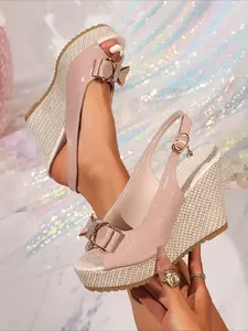 Vintage Hollow Carved Patent Leather Wedge Sandals, Breathable Espadrille Platform Buckle Mom Shoes