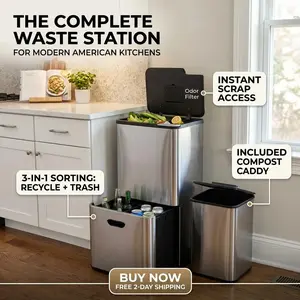 Garvee 16 Gallon Dual Trash Can 60L Stainless Steel Recycling Bin Combo With Compost Bin and Odor Control Rectangular Step Garbage Bin For Kitchen