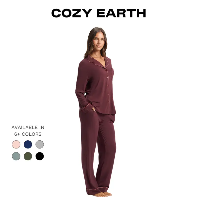 Cozy Earth Women’s 2-Piece Bamboo-Spandex Stretch-Knit Long Sleeve Pajamas Set - Soft, Breathable, Lightweight, Moisture-Wicking Nightwear with Drape Fit Top, Elastic Waistband, Patch Pocket, Everyday Pants, 5% Spandex Adds Comfy Give, Loungewear