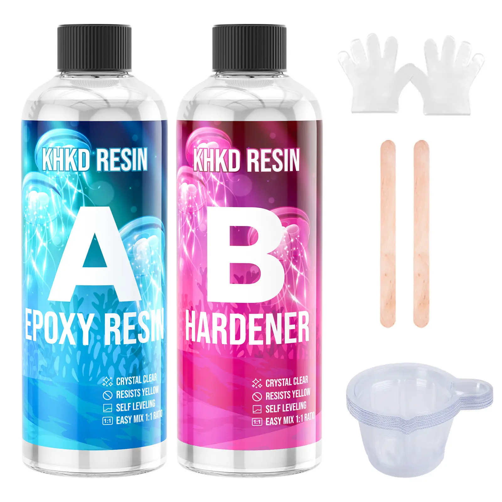 KHKD RESIN 16oz Epoxy Resin Kit, 8oz Resin + 8oz Hardener, 1:1 Mixing Ratio, Crystal Clear Self-Leveling Resin for DIY Crafts, Jewelry & Art