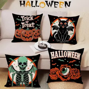 Halloween Bat Cat Cucumber Skull Cushion Covers, Zipper Closure, Home Decor Sofa Car Outdoor Seat Pad, 45x45cm Set of 4
