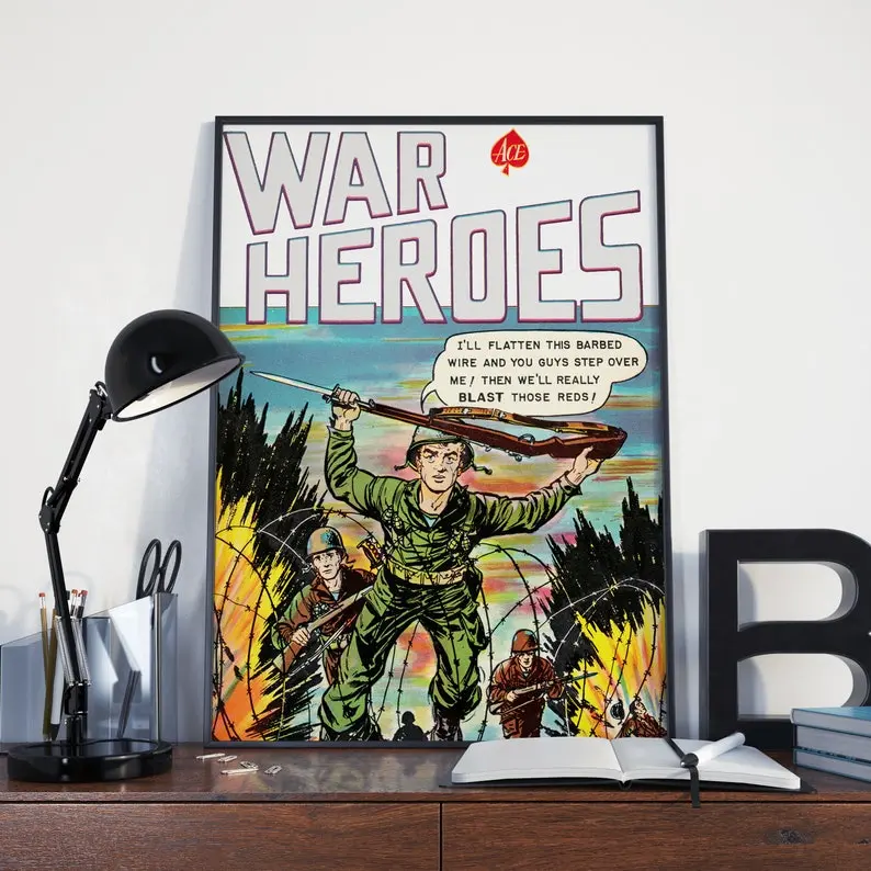 VINTAGE ARMY POSTER - War Heroes Vintage Korean War Army Military Comic Poster