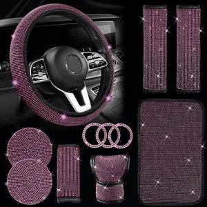 11 count Bling  Accessories Set,Bling  Accessories Set for Women,Steering Wheel Cover for Women Universal Fit 15 Inch,Rhinestone Center Console Cover(Pink)
