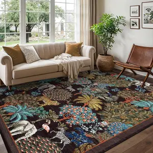 【Christmas Gift】10x13 Runner Rug for Hallway, Washable Floral Throw Rug, Modern Jungle Animal Non Slip Indoor Mat, for Entryway, Laundry, Kitchen, Black
