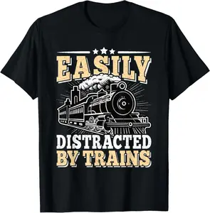 100%cotton Easily Distracted By Trains Railroad Model Train Conductor T-Shirt