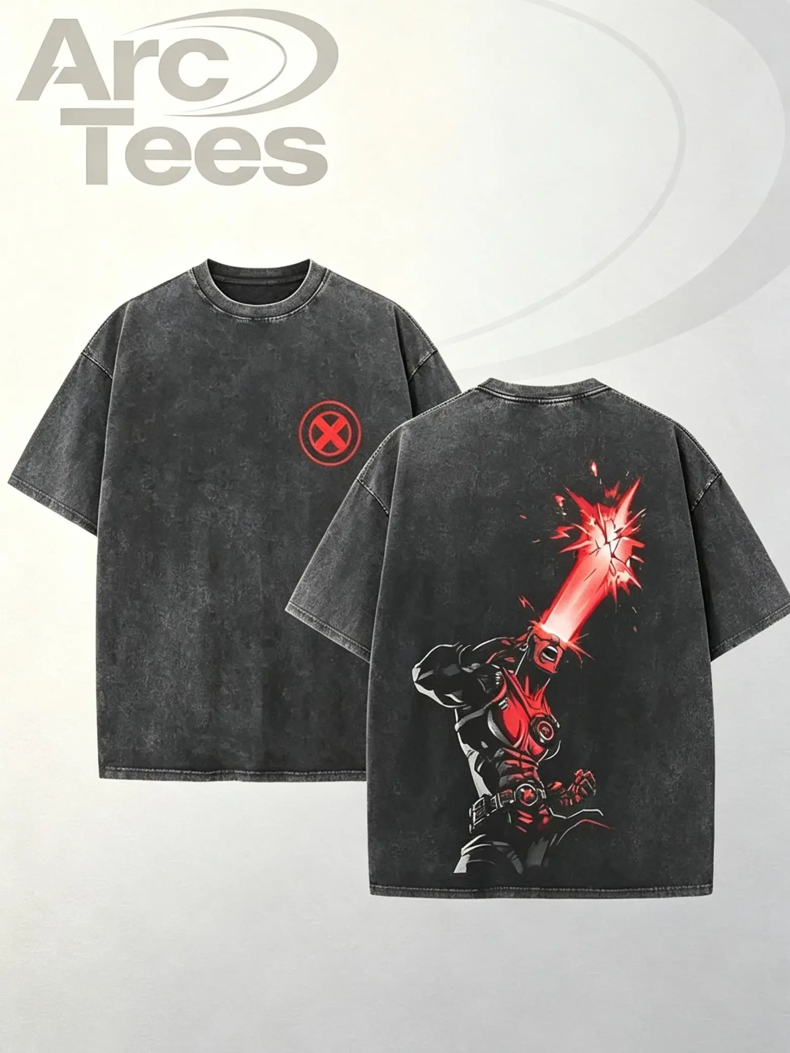 [ArcT] Retro Optic Blast Bold Red X-Men X Symbol Front Chest Print & Red Laser Beam Blast Cyclops Hero Back Graphic Dual-Sided Vintage Washed Black T-Shirt, Unisex Oversized Heavyweight Cotton Streetwear Top, Ideal Gift fo