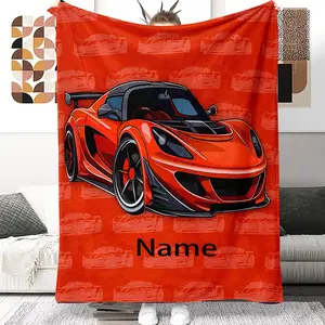 Personalized Red Sports Car Throw Blanket, Custom Name Race Car Themed Cozy Blanket, Soft Fluffy Lightweight Blanket for Kids, Anti-Pilling Washable Decorative Blanket