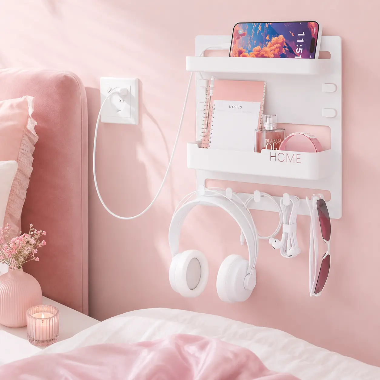 Dorm Bed Wall Organizer Shelf, Bedside Floating Storage Rack for Phone, Remote, Glasses and Small Items, Ideal for RV, Bedroom and Nightstand