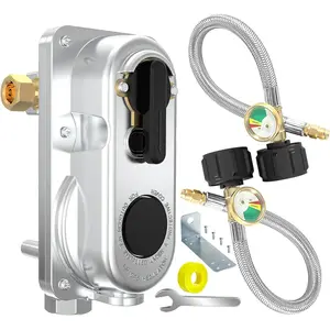 2-Stage Automatic Changeover LP  Gas Regulator with Two 15" RV Pigtail  Hoses with Gauge, QCC1 x 1/4" Inverted Male Flare,  LP Gas Regulator for RV Camper Trailer
