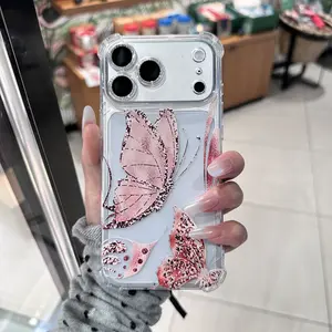 Romantic Pink Butterfly Phone Case Airbag Shockproof Design Clear Phone Case for iPhone 17 16 15 14 13 12 11 Anti-Drop Protective Cover
