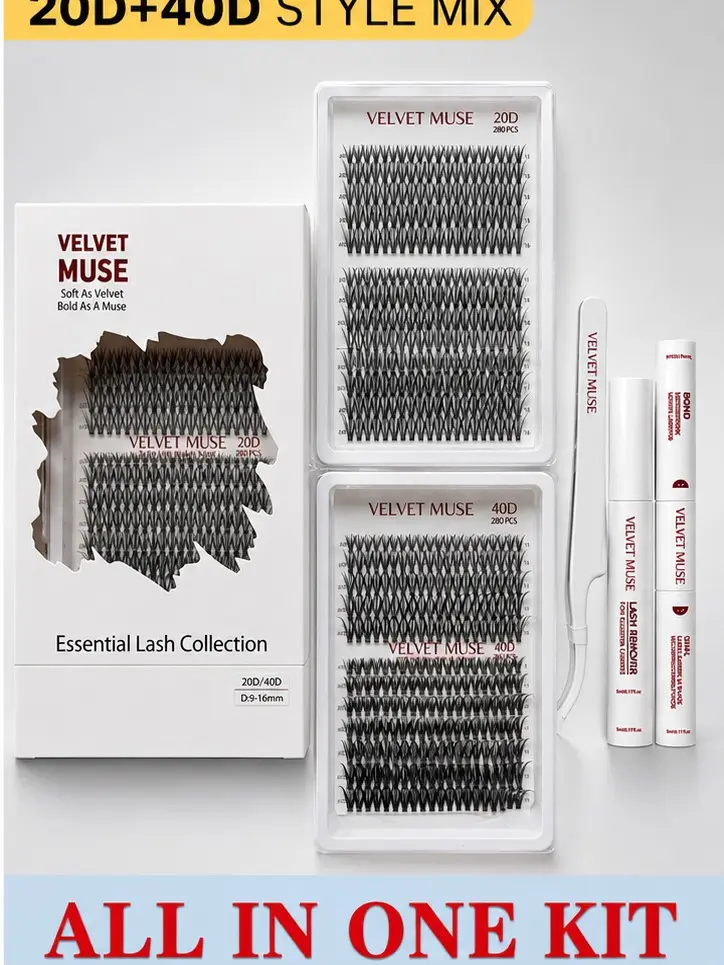 Velvet Muse 20D-40D  Lash Clusters 560PCS DIY Individual Eyelash Extension Kit , Natural Wispy D Curl with Bond and Seal, Easy Removal (Max-9-16mm)