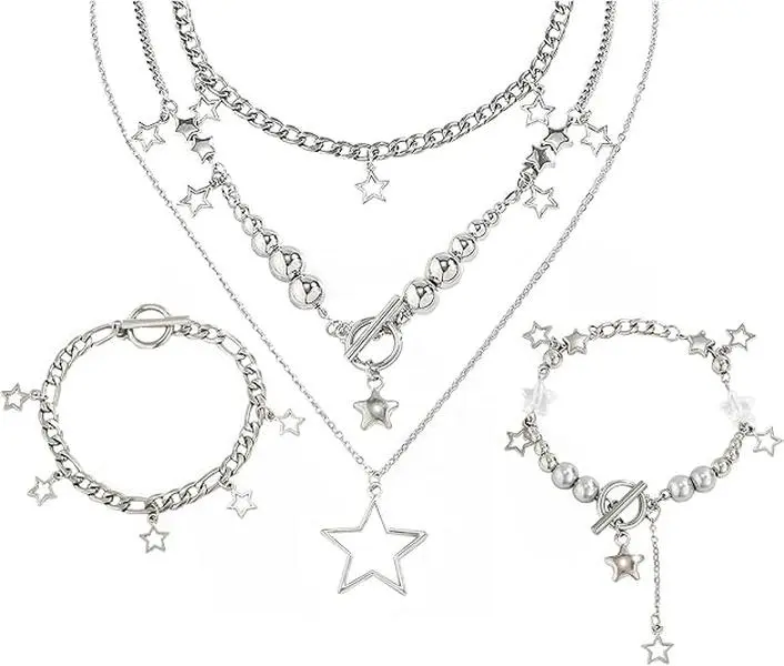 Star Y2k Silver Necklace  Layered Necklace Cute Aesthetic Stack Toggle Chain Necklaces Gothic Vintage Emo Jewelry Set for Women 3Pcs