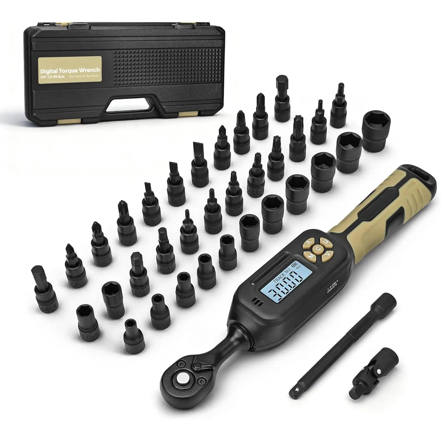Digital Torque Wrench 1/4 drive, 1.1-22.1 ft-lb (1.5-30 Nm) ±1% Accuracy Inch Pound Torque Wrench with Buzzer and LED Electronic Torque Wrenches with Bits & Sockets for Bike Motorcycle Gunsmithing