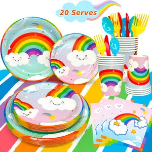 Rainbow Birthday Party Supplies, 141 pcs Rainbow Plates and Napkins Party Supplies, Pastel Rainbow Party Plates Cups Napkins Table Cloths etc. Rainbow Birthday Tableware for Girls Birthday, Serves 20