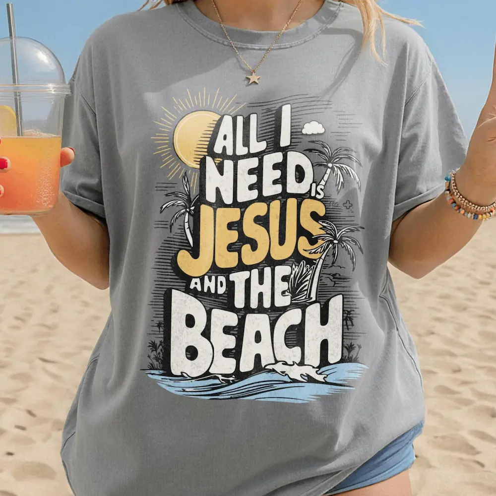 Retro Christian Trendy Oversized Comfort Colors Tee, All I need is Jesus and the Beach T-shirt, Sunset Summer Shirt, Faith Christian Gift Sarcastic Quote T-Shirt Gift for Her Comfort Colors Tee S-4XL