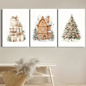 3pcs Christmas Tree Canvas Paintings with Wooden Frame, Holiday Theme Wall Art for Living Room & Bedroom Decor, Wall Decoration, Cozy Winter Seasonal Gift