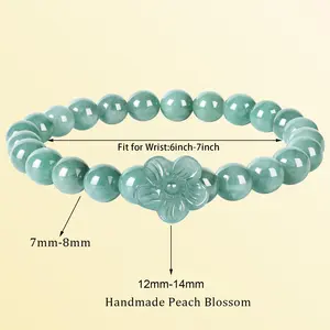 Women's Real Blue-Green Jade Bracelet - Handmade Carved Peach Blossom Stretch Beaded Bangle, Stress Relief Feng Shui Jewelry, Valentine's Gift for Mothers