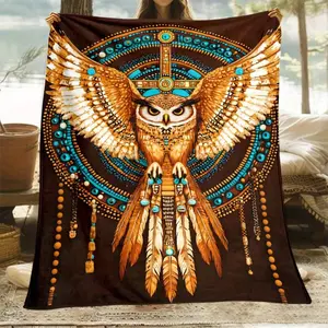 Tribal Owl Feather Dreamcatcher Blanket | Boho Style Soft Warm Throw for Living Room Decor Gift
