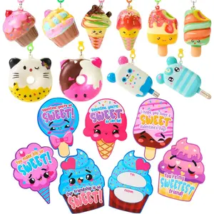 30 Packs Dessert Squishy Toys Stress Relief Keychains with Valentine’s Greeting Cards for Classroom Exchange Prizes, Valentines Party Favors and Gifts for Boys Girls