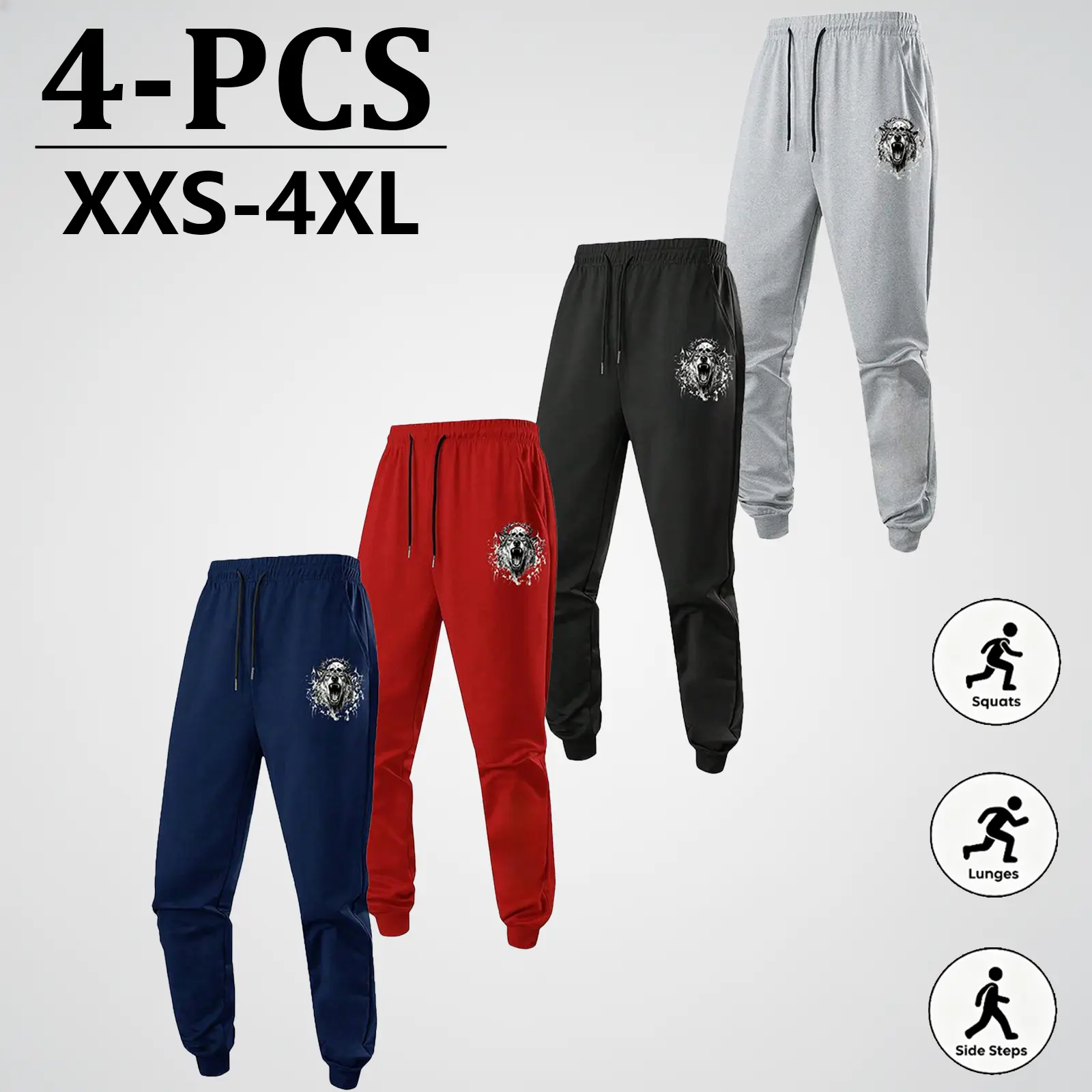 unisex wolf graphic jogger pants polyester slight stretch regular fit athletic sweatpants four colors casual sports trousers with size chart for men women