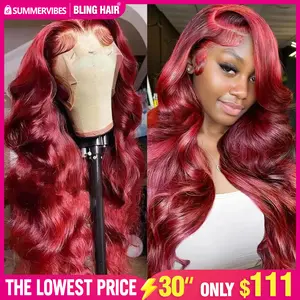 Bling Hair 99j burgundy 13x6 Lace Front Human Hair 180 Density Body Wave 13x4 30 36 Inch Red Colored Lace Frontal Wigs Brazilian For Women