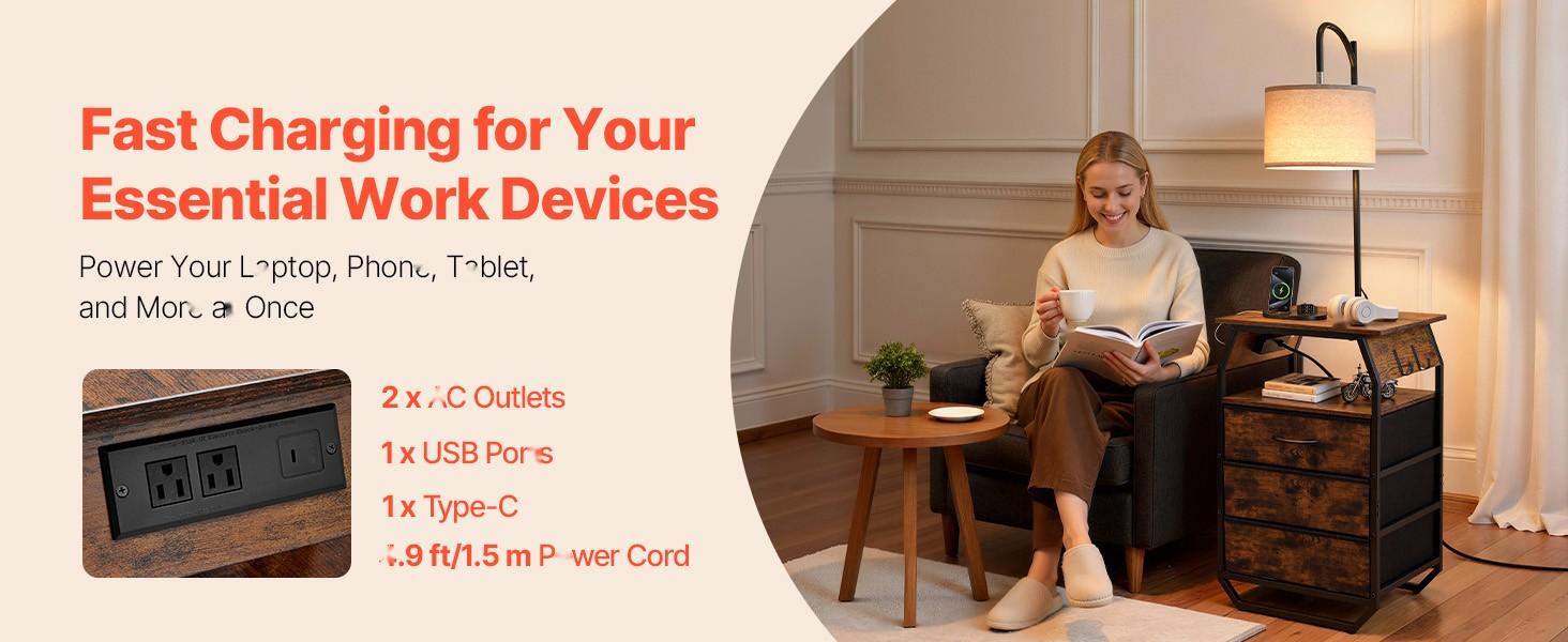 Floor Lamp With Table, 2-Tier End Table With 3 Drawers And 3 Color Temperature Lighting, Modern Nightstand And Bedside Desk With USB, Type-C And AC Charging Port For Living Room, Bedroom Or Dorm