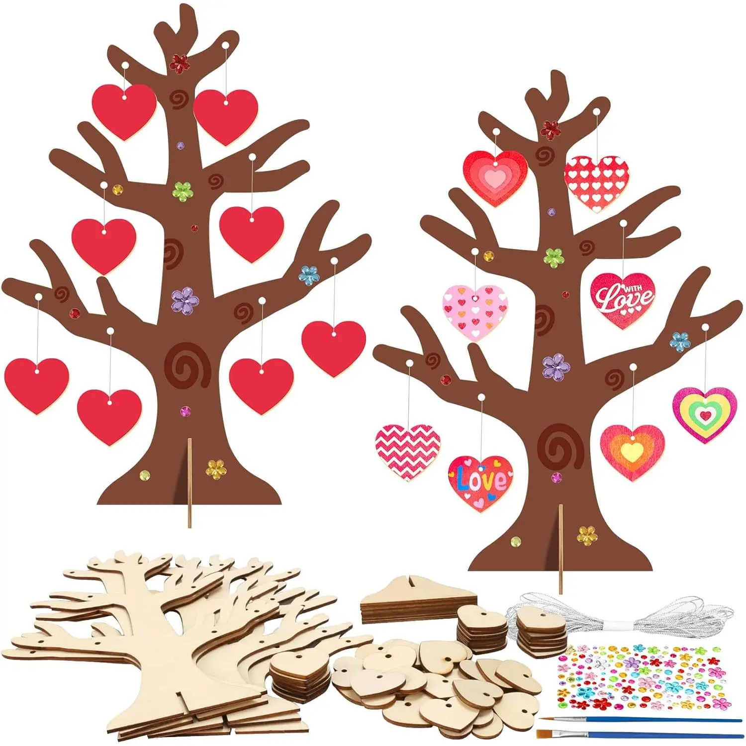 6-Count 3D Heart Tree Craft Kit - 6x Unfinished Wooden Trees (Wooden Parts) with 48x Quality Hearts, DIY Coloring Project for 6+ Boys, Holiday Gifts for Anniversary, Room Decorating, Eye-Hand Coordination Exercise, Father's Day