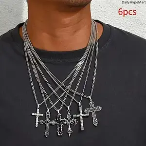 6PCS Stainless Steel Cross Pendant Layered Necklace, Hip-Hop Gothic Style