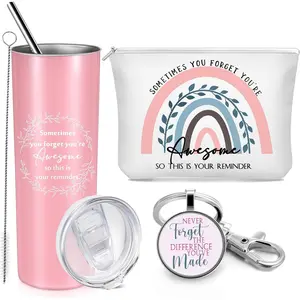 FillTouch3 Pcs Appreciation Gifts for Women – Student Teacher Goodbye Gift Set, Inspirational Rainbow Tumbler Keychain Makeup Bag, Thank You Gifts for Paraprofessional Nurse Staff Coworkers