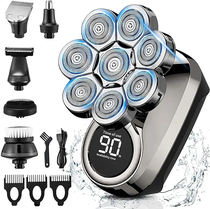ETENTOUS Men’s 6-in-1 IPX7 Rated Head Shaver Grooming Boxed Set for Bald Men, Multiple Heads Wet/Dry Rotary Razor, Rechargeable Cordless Shaving Kit with LCD Display, Suitable for All Skin Types