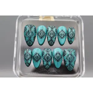 Western Dreams Desert Dreams Nail Set - Turquoise Aztec Designs with Shimmering Turquoise Background