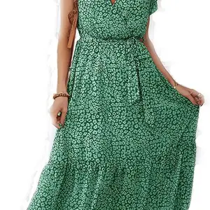 Women'S Bohemian Floral Maxi DressWrap V Neck Short Sleeve DressRuffle Tiered Summer Swing Maxi Dresses