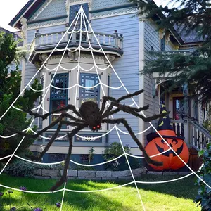200" Halloween Spider Web with 59" Giant Fake Spider, Black Triangular Huge Spider Web Decorations for Indoor Outdoor Yard Home Halloween Party Haunted House Decor