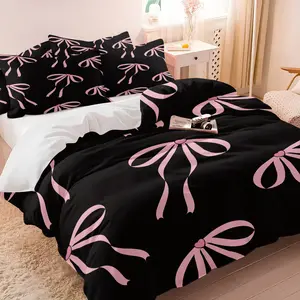 Pink heart & bow-knot print decorative duvet cover set, Bedroom bedding set, 1 count duvet cover & 1/2 pillowcase without filler, features a pink heart & bow-knot pattern, combining sweet & romantic styles, a perfect gift for girls, soft & comfortable