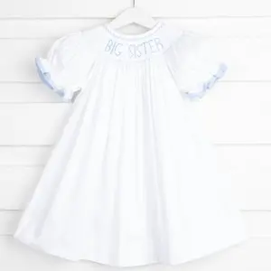 Big Sister Smocked Bishop Dress White with Blue
