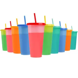 24oz Color-Changing Reusable Plastic Cups with Lids & Straws - 10 Pack Bulk Party Cups for Adults, Iced Coffee, Tea, Smoothies (BPA-Free, Durable, Leak-Resistant) Bottle Tumbler Colorful Beverage Bottled Washable Drinkware Set Portable Washable Portable