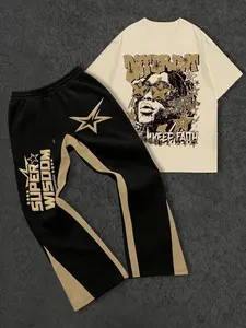 Men's Two-Piece Set Includes Star Letter Pattern T-Shirt and Pants, Round Neck Short Sleeve, Knitted Fabric, Casual Daily Wear