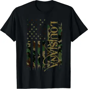 Louisiana United States Distressed Camo w US Flag T-Shirt plussize graphic tees，top，100%cotton Womenswear Everyday