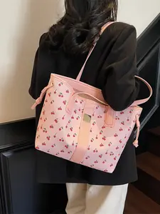 2026 New Cute Cherry Print Large Capacity Commuter Tote Bag, Versatile Casual High-End Shoulder Shopping Bag, Girl Style Single Shoulder Bag, Tote Purse