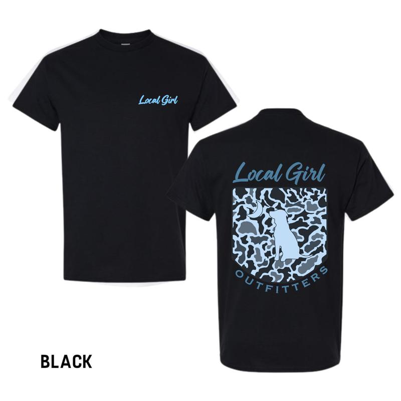 100% Cotton Unisex🐕🌙 Local Girl Outfitters blue classic camouflage graphic short sleeve crew neck tee featuring dog and moon design, soft cotton relaxed fit casual top, unisex outdoor streetwear graphic t shirt, gift idea fits Daily T-shirt