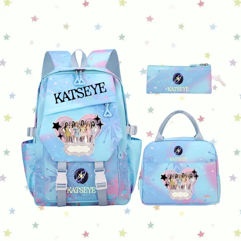 Personalized KATSEYE Blue School Backpack Set | Custom Name Bookbag with Lunch Tote & Pencil Pouch