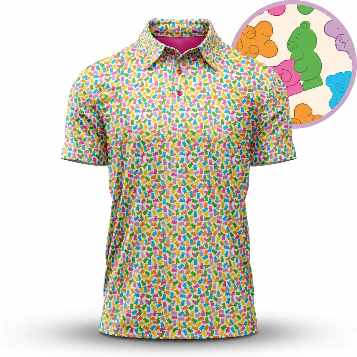 Vibrant Retro Candy Print Gummy Bear Golf Polo Men's Summer Shirt By Bogey Bros Clothing