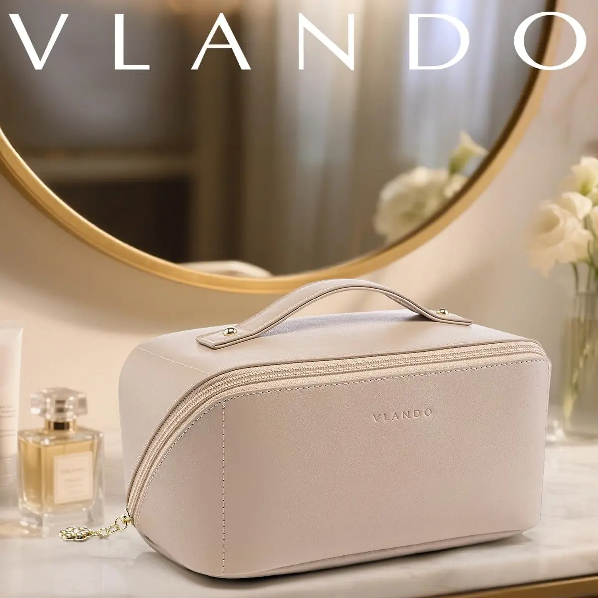 Vlando Women's PU Leather Makeup Bag - Portable Travel Toiletry Bag for Skincare, Brushes & Travel Essentials
