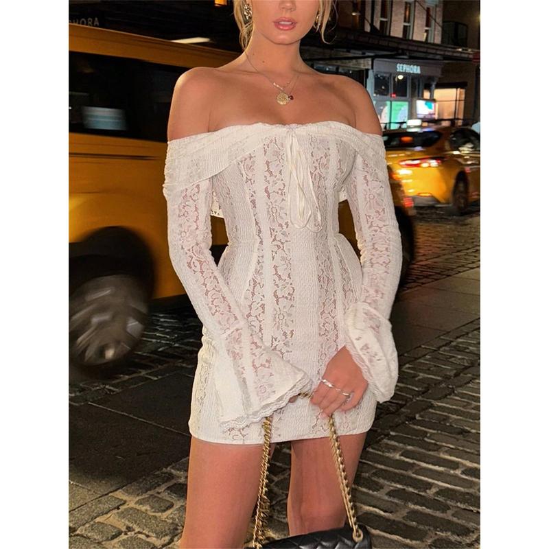 Women Off Shoulder Lace Dress Floral Pattern Bow Ruched Boat Neck Long Sleeve Slim Fit Short Dresses Formal White