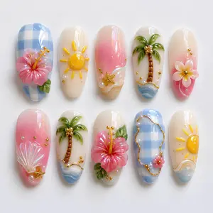 Tropical Hibiscus Press On Nails | Summer Beach Palm Tree Nail Art