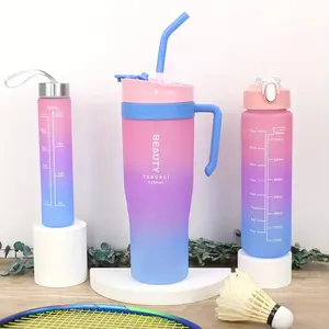 3-Pack Gradient Large Capacity Water Bottles – 46 oz / 27 oz / 9.5 oz, 1360 ml / 800 ml / 280 ml Travel Cups with Straws, Lids, and Handles, Suitable for Outdoor Sports, Fitness, and Travel